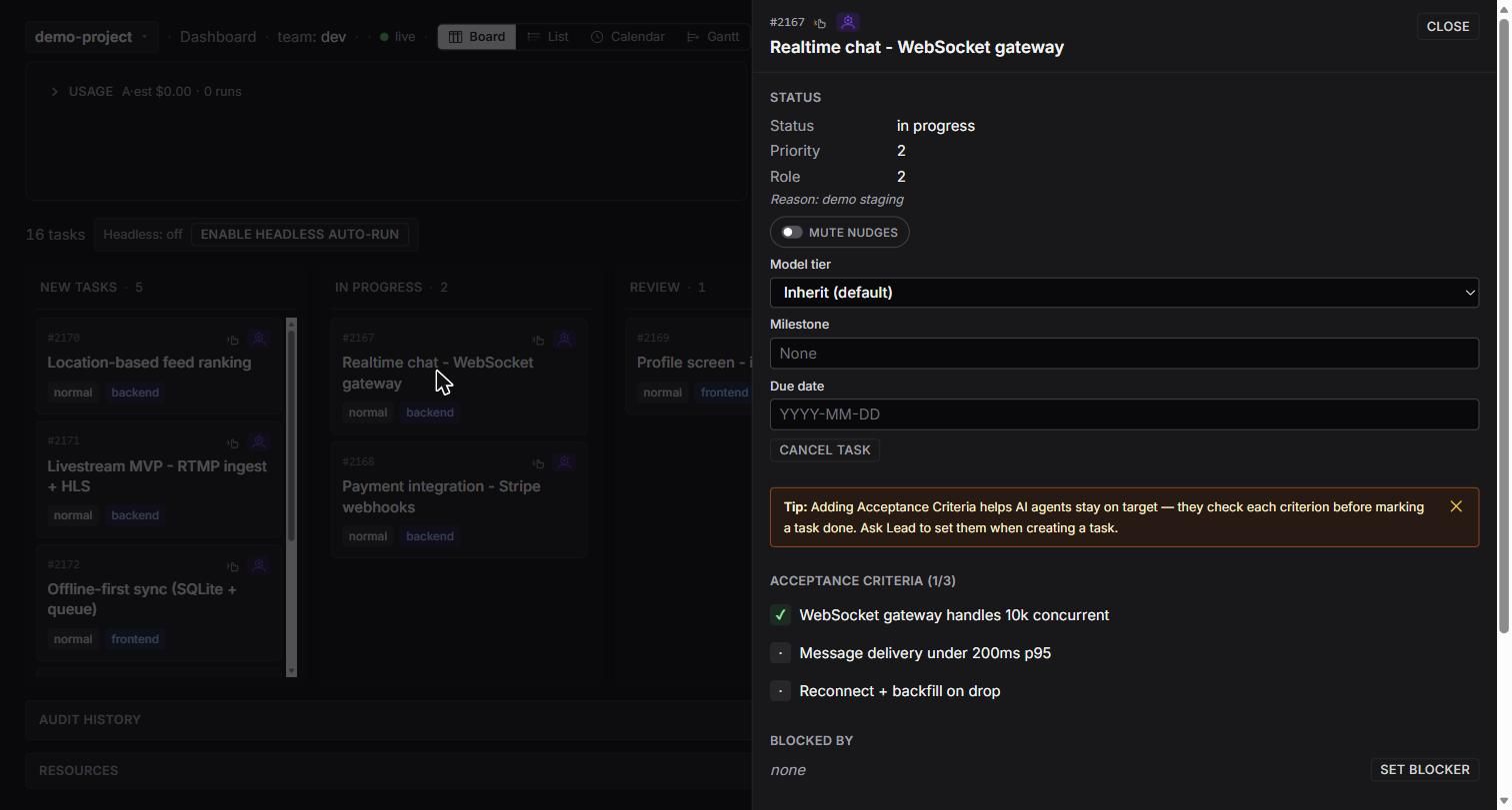 A task drawer showing acceptance criteria, one of three checked.